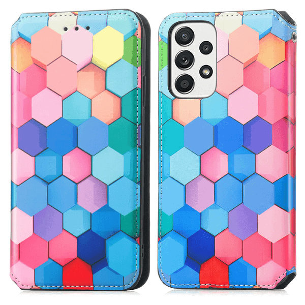 CaseNeo For Samsung Galaxy A33 5G Leather Wallet Flip Case With RFID Blocking Credit Card Holder Slots Cover - Colored Squares CaseNeo For Samsung Galaxy A33 5G Leather Wallet Flip Case With RFID Blocking Credit Card Holder Slots Cover - Colored Squares